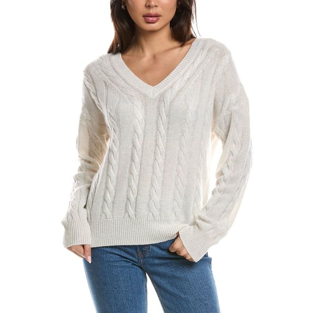 Forte Cashmere Womens Fashioned Cable V-Neck 100% Cashmere Sweater, White